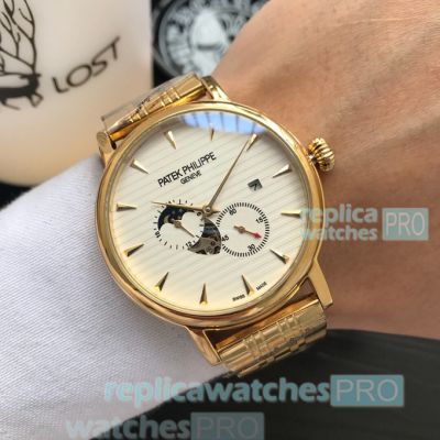 Best Copy Patek Philippe Calatrava Moonphase Yellow Strap White Dial Watches